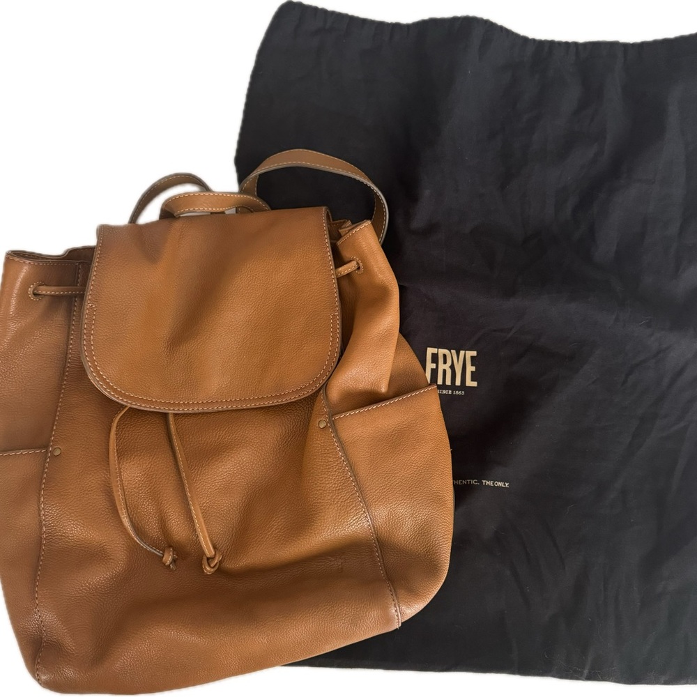 Frye Tan Leather Drawstring Flap Backpack - image 1
